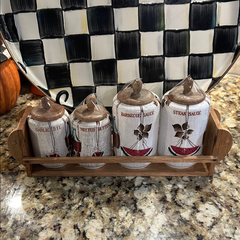 Vintage Royal Sealy Jamaican Condiment Jars with Wooden Shelf. Made in Japan.